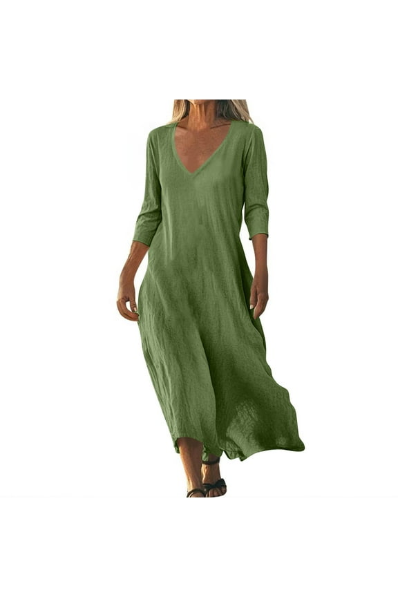 Graduation Dresses, Linen Beach Casual Loose Fit V Neck 3/4 Sleeve Maxi Sundress Lightweight Wedding Guest Vacation Dress Sweet 16 For Women 2025 Elegant Casual Dresses (XXL, Army Green) ZMTing