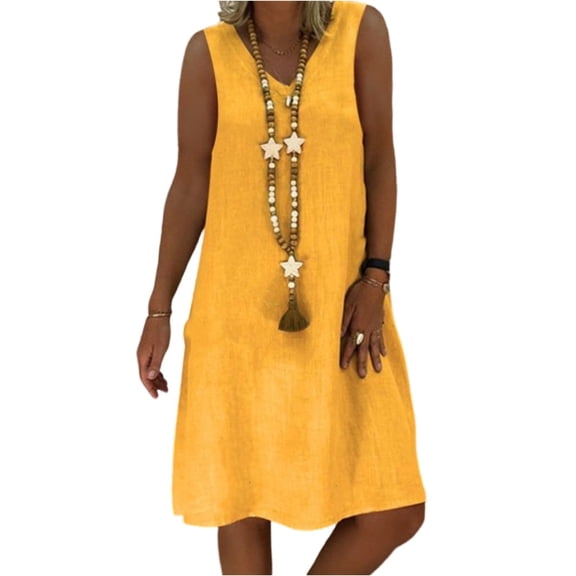 Graduation Dresses, Linen Casual Vintage V Neck Sleeveless Loose Midi Dress Elegant Tank Wedding Guest Beach Dress Black Shirt Formal Dress Tropical Women Short Dress Romper (M, Yellow) ZMTing