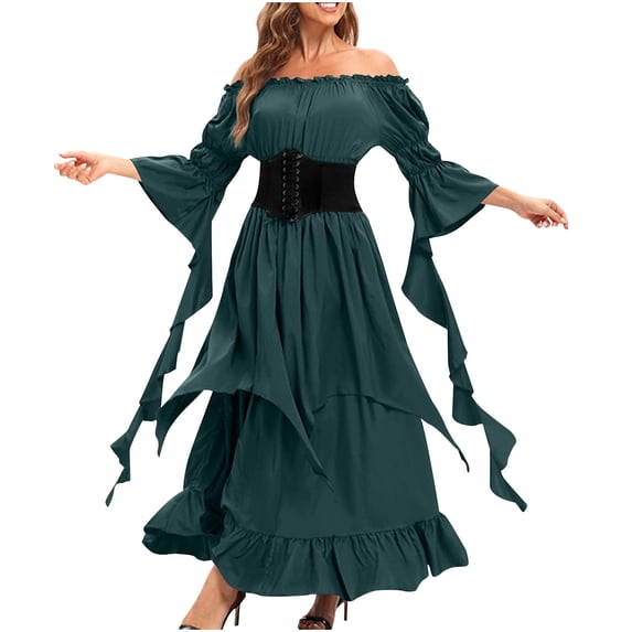 Graduation Dresses for Women Gothic Dress Renaissance Costume Women Long Maxi Flowy Dress Medieval Long Dress S-214 Green M