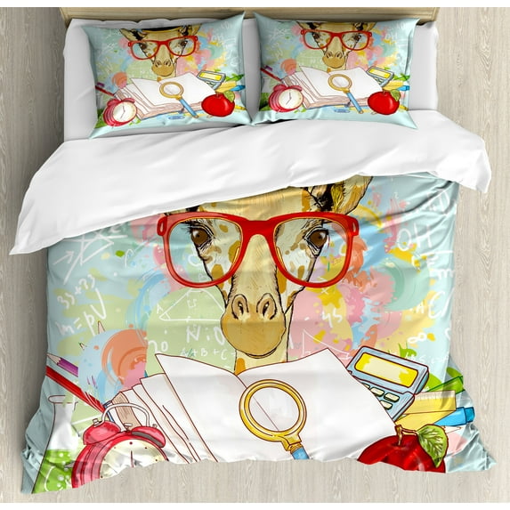 Graduation Duvet Cover Set, Hipster Giraffe Animal Glasses and Cap Geek Student in, Decorative 3 Piece Bedding Set with 2 Pillow Shams, Queen Size, Multicolor, by Ambesonne