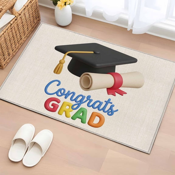 Graduation Entryway Rug 2'x3' Non Slip Front Door Mats, Grad Cartoon School on Linen Entrance Rugs Indoor Outdoor Carpet, Washable Floor Mats Small Area Rug for Bedroom Kitchen