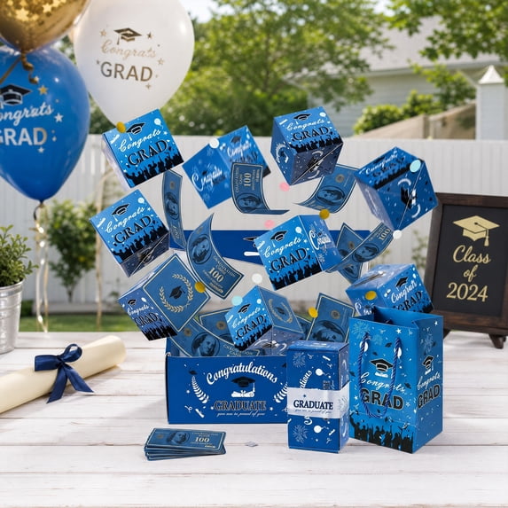 Graduation Expanding Money Box for Cash Gift – Blue Gold Pop Up Surprise Box with Confetti(6pcs)