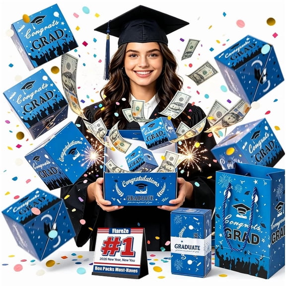 Graduation Exploding Money Gift Box, Pop Up Surprise Confetti Box with Bouncy Balls, Class of 2026 Graduation Gift Blue