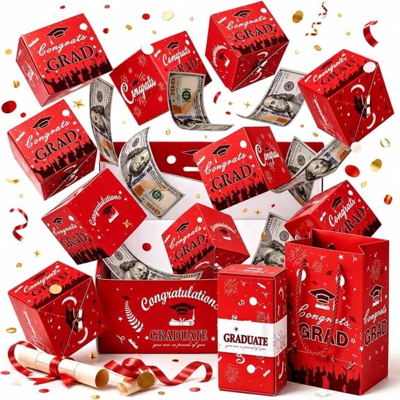 Graduation Explosion Gift Box – Pop Up Money Holder DIY Surprise Box with Confetti, Creative Cash Gift for Grad, Fillable Candy & Party Gift Set (Red, 10PCS)