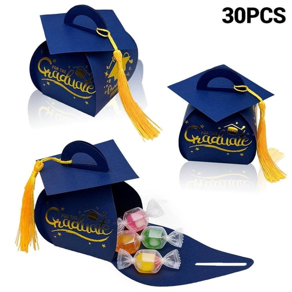 Graduation Favor Boxes 30 Pack, Black Party Candy Gift Containers with Tassels, Glue For Ce Treat Boxes Bulk No Assembly