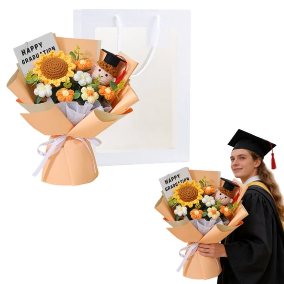 Graduation Flower Bouquet, Graduation Season Knitted Wool Puff Floral and Gift Bag, Class of 2026 Knitted Crochet Bouquet, Custom Handmade Sunflower Bouquet for Her, 13.8×11.8 in, Orange Boy