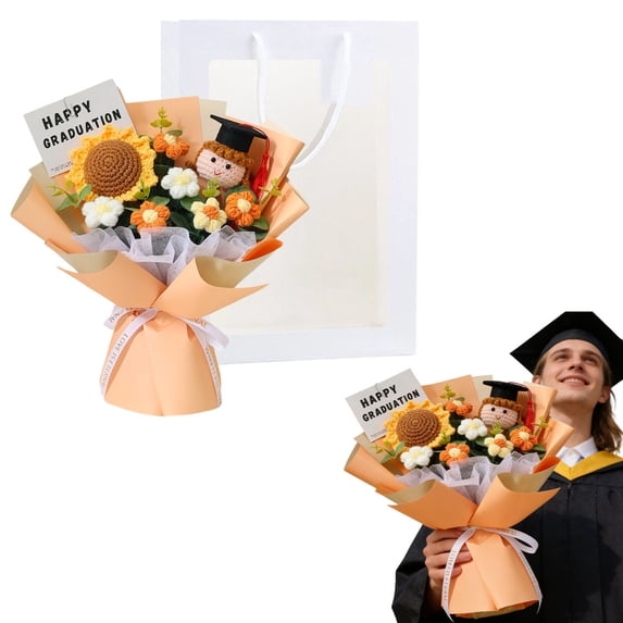 Graduation Flower Bouquet, Graduation Season Knitted Wool Puff Floral and Gift Bag, Class of 2026 Knitted Crochet Bouquet, Custom Handmade Sunflower Bouquet for Her, 13.8×11.8 in, Orange Girl