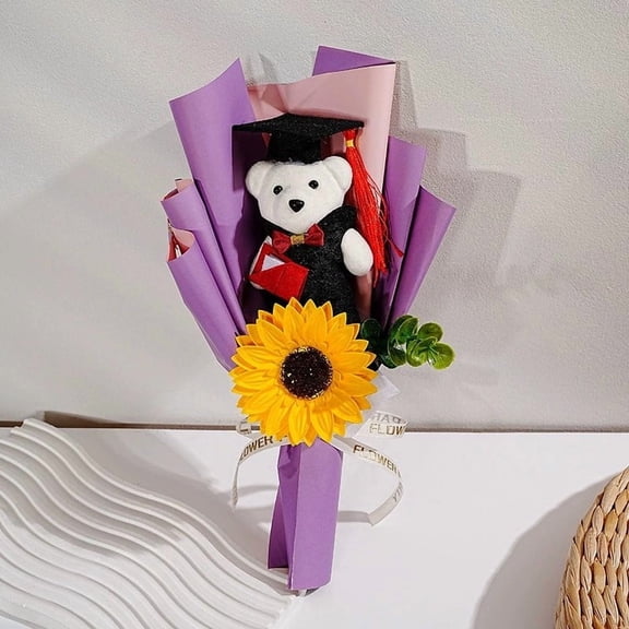 Graduation Flower Bouquet Handmade Simulation Sunflower with Bear Figurine for Graduation Season