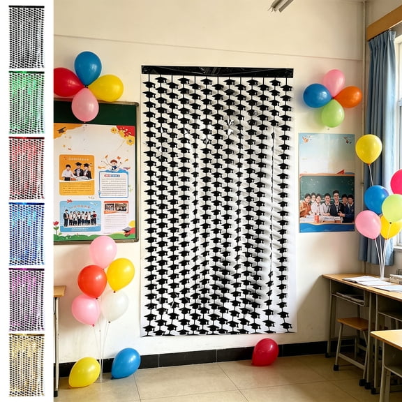 Graduation Foil Fringe Curtain,Class Of 2026 Self Adhesive Metallic Tinsel Backdrop for Grad Party Door Wall Background,Classroom Ceremony and Holiday Scene Layout Decor(Black,39x79in)
