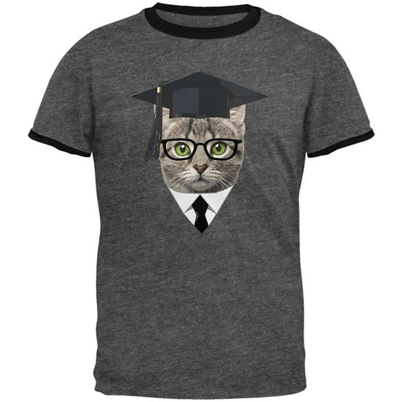 Graduation Funny Cat Mens Ringer T Shirt Dark Heather-Black 2XL