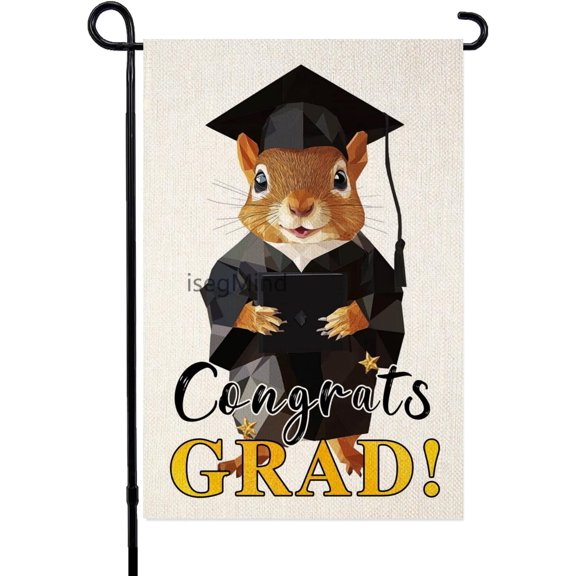 Graduation Garden Flag With Squirrel Design, 12x18 Inch Linen Double Sided Small Yard Outdoor Decoration