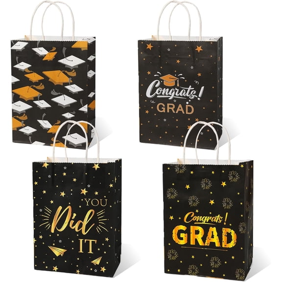 Graduation Gift Bag, 12 PCS Black Gold Bags with Handles Class of 2026 Congrats Grad Gifts Wrapping Paper Bag Goodies for High School College Graduates Party
