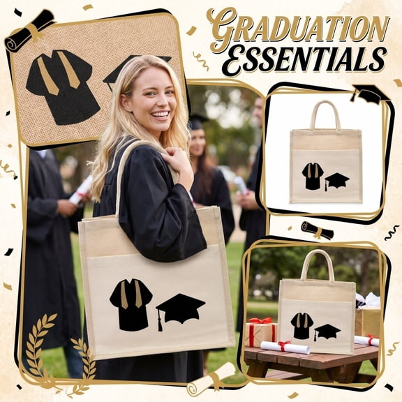Graduation Gift Bag with Printed Design, Graduation Theme Handbag Yellow Jute Tote for Party Favors, Senior Celebration Supplies, Class of 2026 Gift Packaging and Decor, E