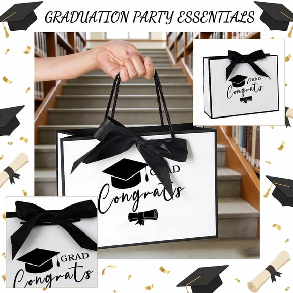 Graduation Gift Bag with Ribbon Handle Congrats Print Paper Party Favor Bag for Ceremony Gift Packaging