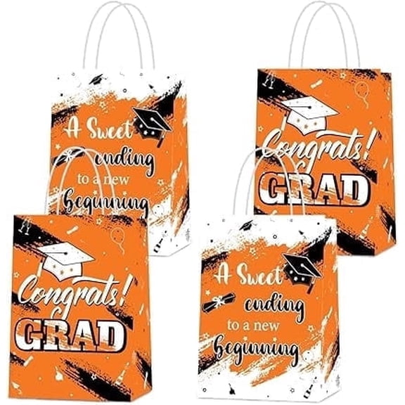 Graduation Gift Bags, Orange Graduation Party Favor Gifts Wrapping Bags with Handle for 2026 High School College Kindergarten 8th Grade Student Graduation Season Theme Party Supplies