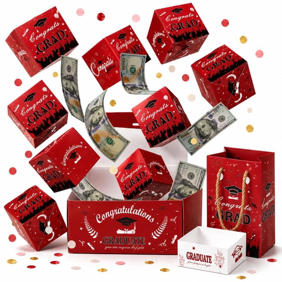 Graduation Gift Box 2026 Money Explosion Box for Cash Gift – Pop Up Surprise Money Box with Confetti – DIY Exploding Gift Box Party Supply (Red)