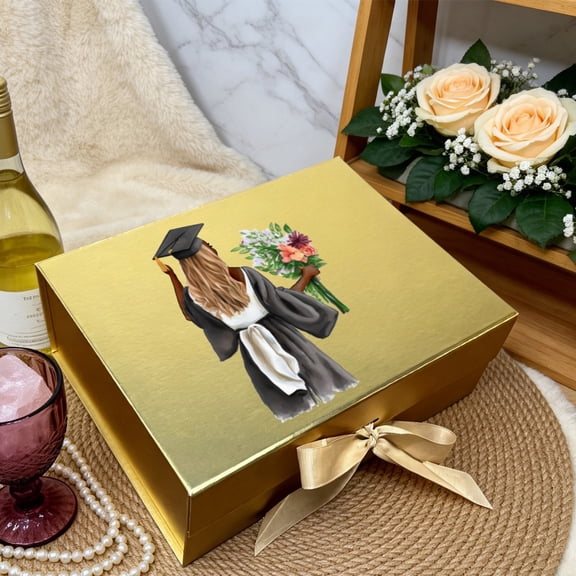 Graduation Gift Box for Her 2026, Printed Paper Magnetic Box with Satin Ribbon, Black White Pink Gold Navy Blue, Perfect for Graduation Presents & Souvenirs