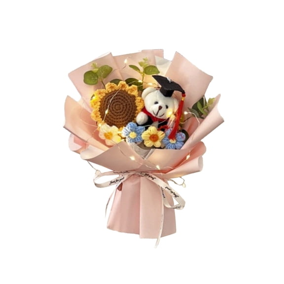 Graduation Gift Crochet Flowers Bouquet, Handmade Sunflower Bear Graduations Flower Bouquet with String Light (Pink)