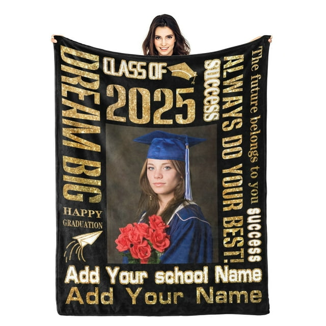 Graduation Gift Custom Graduation Blanket with Photo Text Class of 2025 Graduate Personalized Name Picture Blankets Throw Blankets Grad Gifts for Seniors College Students