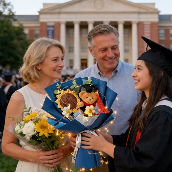 Graduation Gift Knitted Sunflower Bouquet, Hand Woven Flower with Plush Bear, 2026 Grad Celebration Present with Card, Soft Toy Arrangement for Student Graduate Party