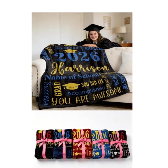 Graduation Gift Personalized Blanket, Class of 2026 Custom Name Flannel Blanket - 30"x40", Style 3
