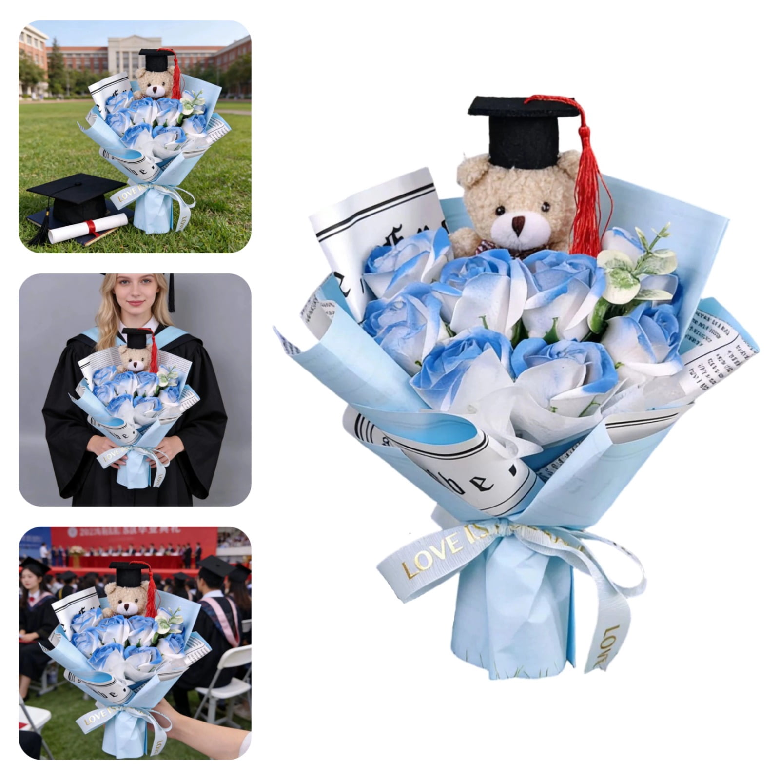 Graduation Gifts Bear Flowers Bouquet Rose Graduations Flower Bouquet for Birthday, Teacher Appreciation Gifts Christmas Home Décor