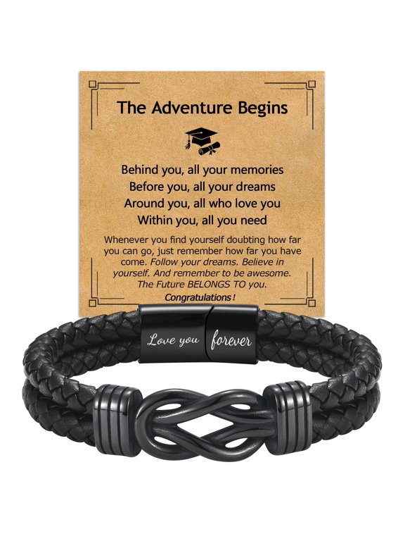 Graduation Gifts Bracelet for Him -Black Braided Leather Infinity Knot Bracelets for Men, Cool Class of 2026 Grad Gifts for 5th Grade | 8th Grade | Middle School | College | Master Degree