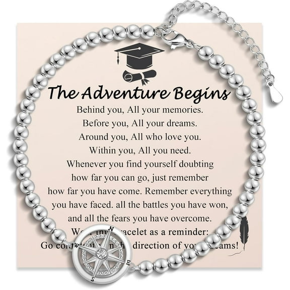 Graduation Gifts for Her Girls Women, Class of 2025 Compass Bracelet High School/College/ 5th 6th 8th Grade/Kindergarten/Preschool/Master Degree Graduation Gifts Decorations Card Present
