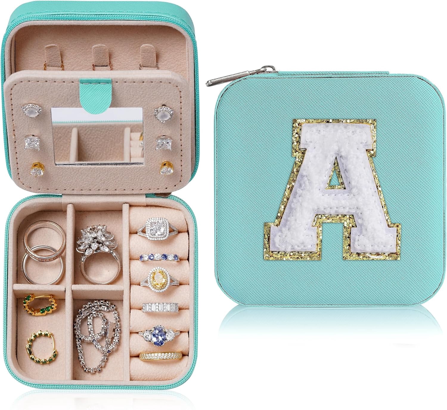 Graduation Gifts For Her - Trendy Travel Jewelry Case, Personalized Gifts - Aqua Blue Travel Jewelry Box | Birthday Gifts For Women Mothers Day Gifts For Women - Letter A, Aqua Blue[Z1]
