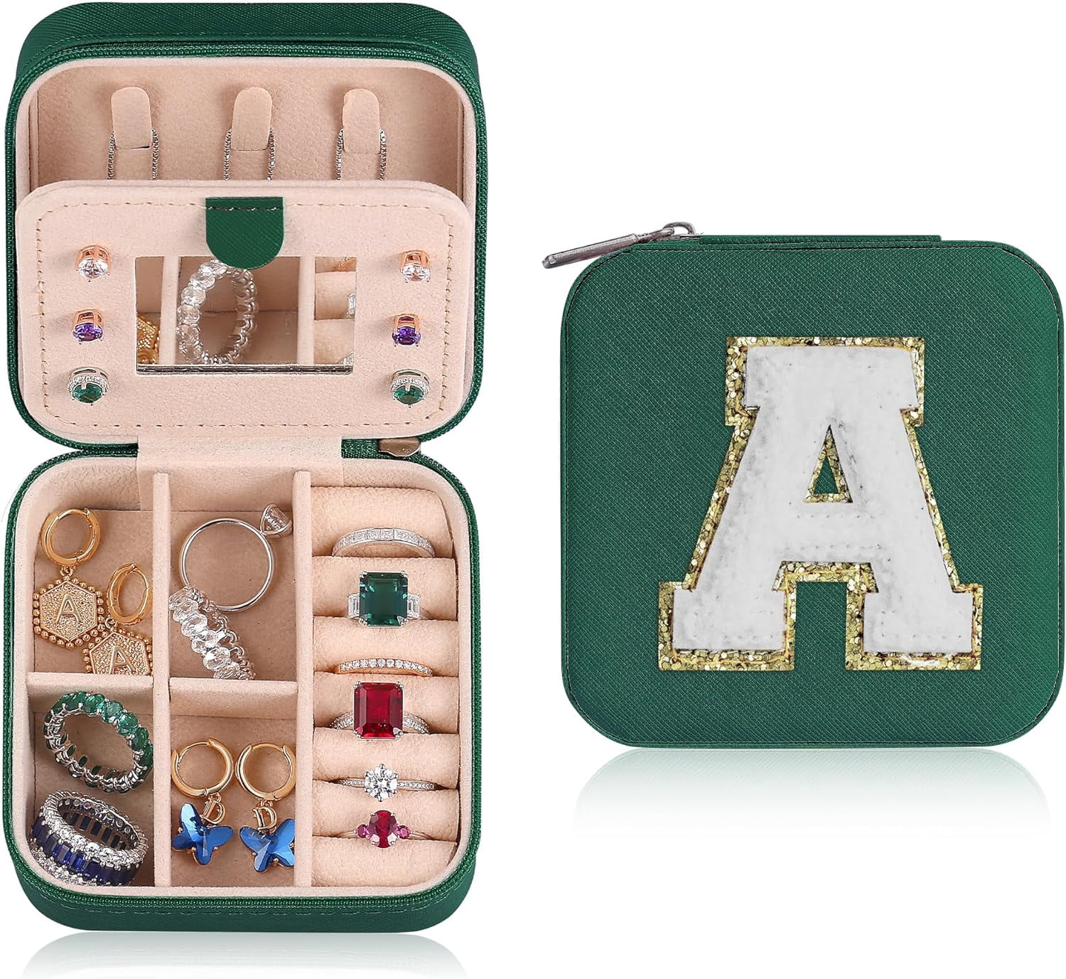 Graduation Gifts For Her - Trendy Travel Jewelry Case, Personalized Gifts - Green Travel Jewelry Box | Birthday Gifts For Women Mothers Day Gifts For Women - Letter A, Green[Z1]