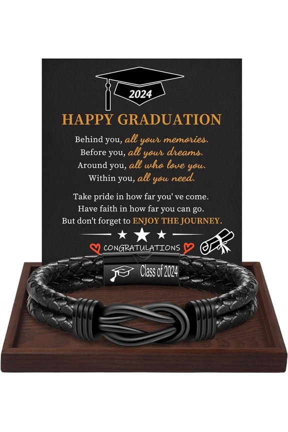 Graduation Gifts for Him 2024,Men's Leather Bracelet, Graduation Knot Jewelry for Son Grandson, Boyfriend