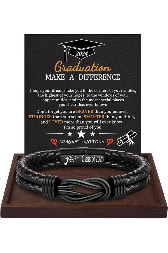 Graduation Gifts for Him 2024,Men's Leather Bracelet, Graduation Knot Jewelry for Son Grandson, Boyfriend