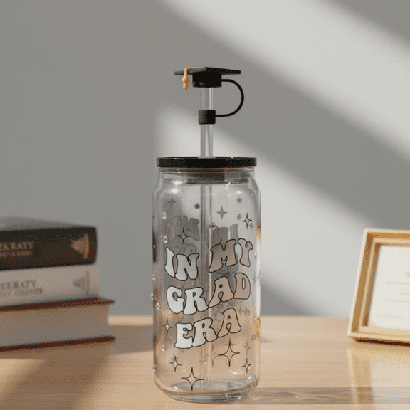 Graduation Glass Tumbler with Straw & Topper, 10.55 oz Clear Drink Cup with Acrylic Lid