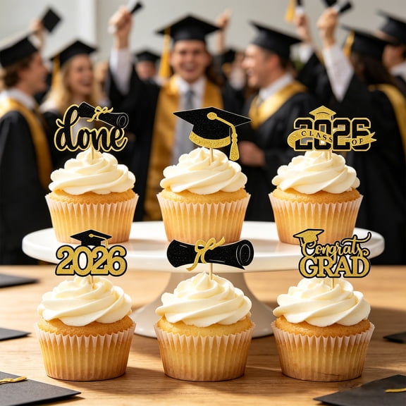 Graduation Gold Edge Cupcake Pick Insertion, Black Gold Glitter Cake Topper for 2026 Grad