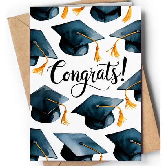 Graduation Greeting Card – "Congrats!" with Graduation Caps Design – Blank Inside, Envelope Included – Perfect for Celebrating Graduates