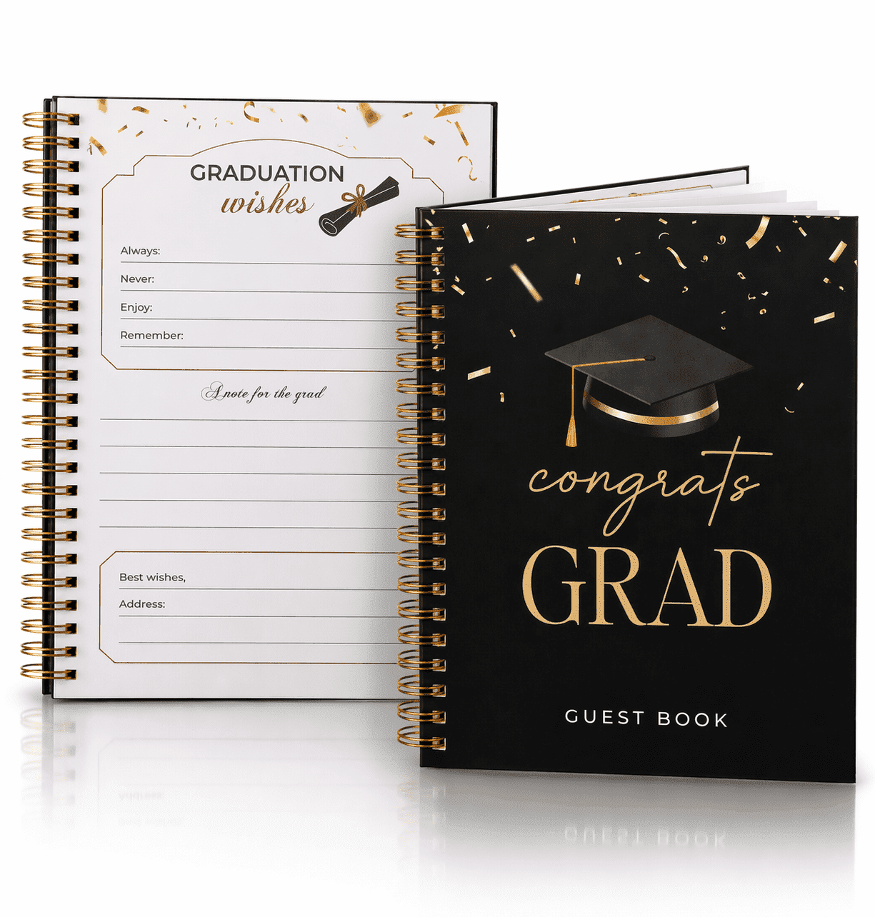 Graduation Guest Book - Black Hardcover - Gold Spiral Binding - 120 Pages - Grad Guestbook