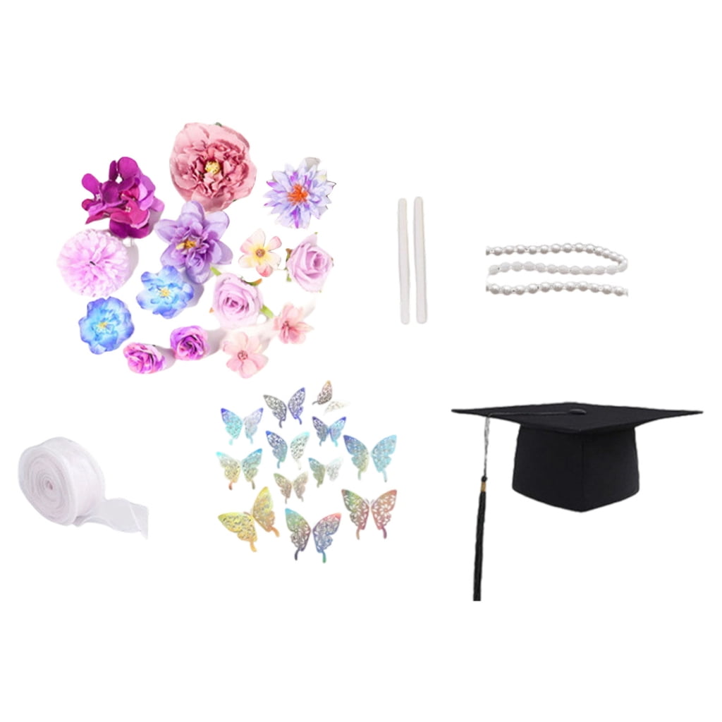 Graduation Hat Embellishment Set With Artificial Flower Butterfly Sticker Pearls