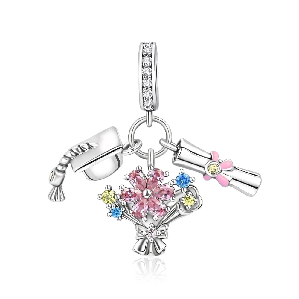 Graduation Hat, Flower & Diploma S925 Triple Dangle Charm for Women ...