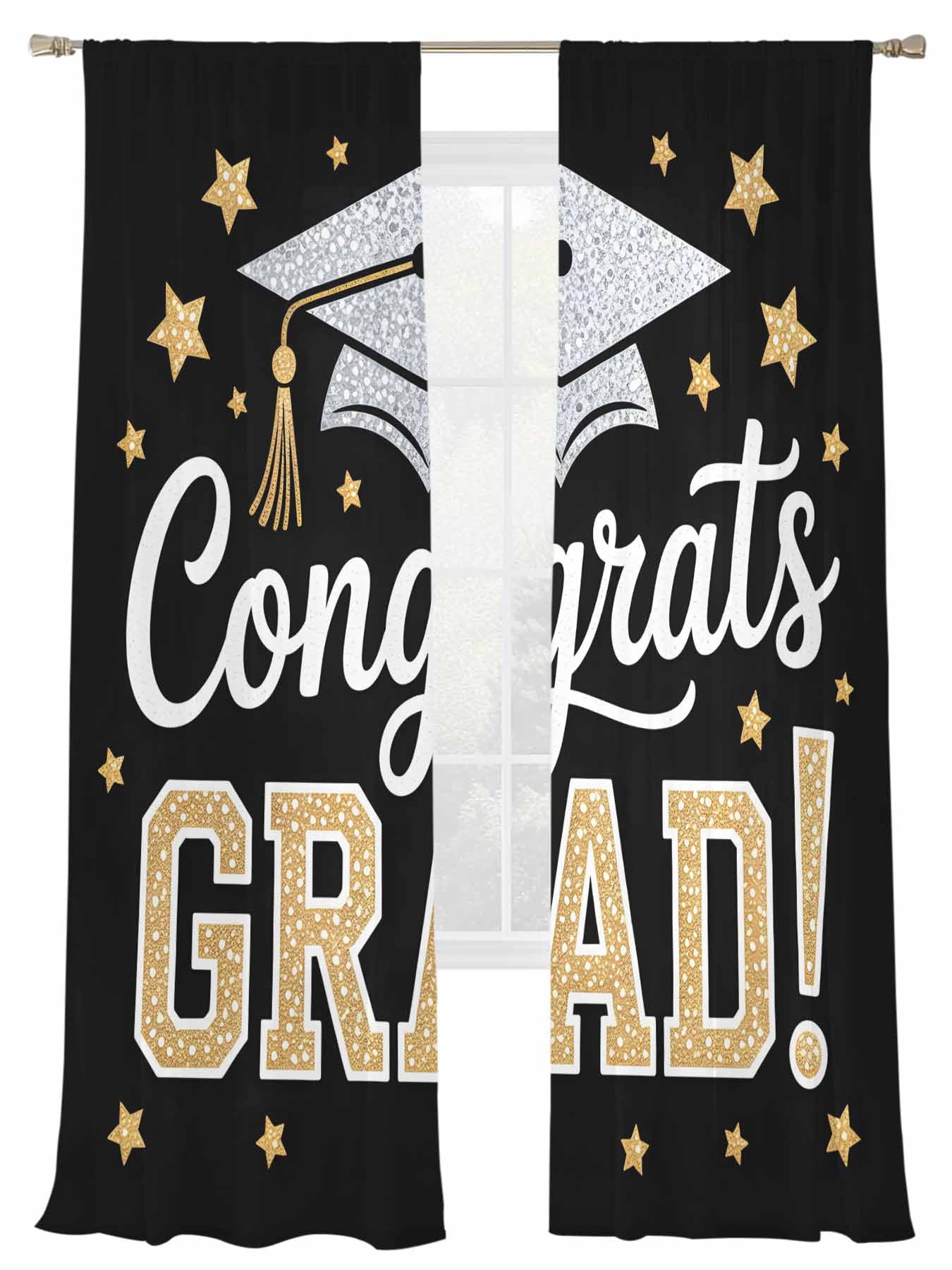 Grad Drapes Graduation Hat Sheer Curtains 2 Panels Set Yellow Star Black Background ...