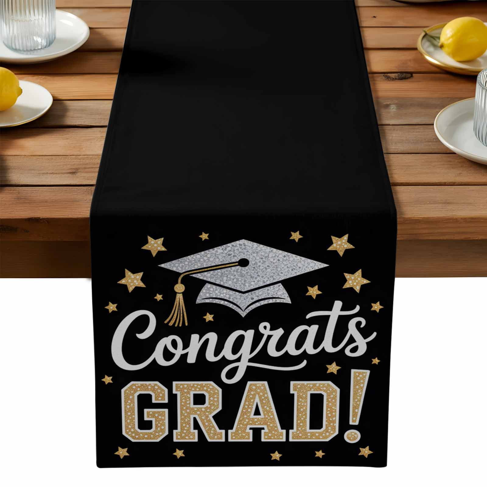 Graduation Hat Table Runner, Yellow Star Black Background Graduate Kitchen Table Runners Dress Scarves for Table Decorations Party/Restaurant/Indoor Outdoor Use, 13x90in