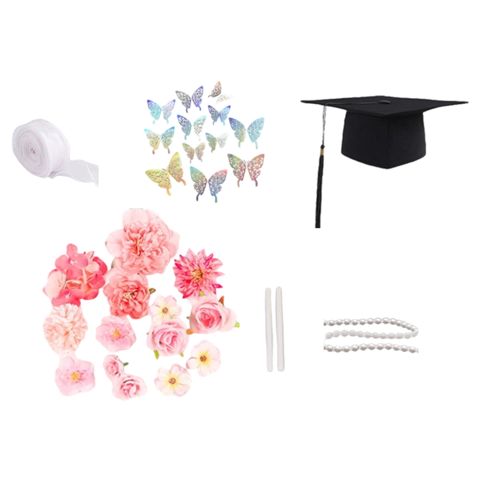 Graduation Hat Top Decoration Set With Butterfly Sticker Artificial Flower Pearls Chain For Art Craft Project