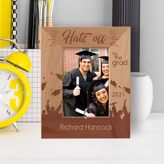 Graduation Hats Off Personalized Wooden Frame 3 1/2" x 5" Brown (Vertical)