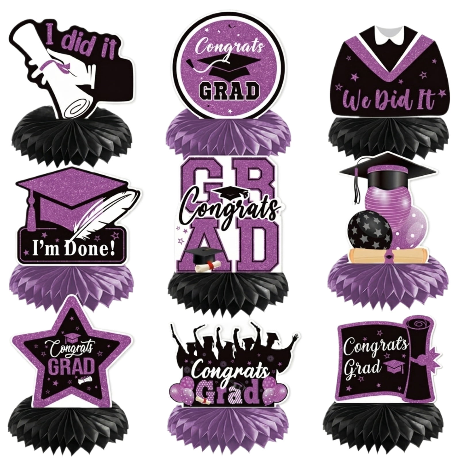 Graduation Honeycomb Centerpieces, Purple Black Themed, 1 Set, Suitable for Graduation Theme Party Decorations