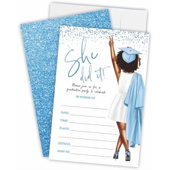 Graduation Invitation Cards - White & Blue, Grad Girl She Did It - 20 Invites With Envelopes, High School, College, University,Party Favor, Decorations & Supplies-04