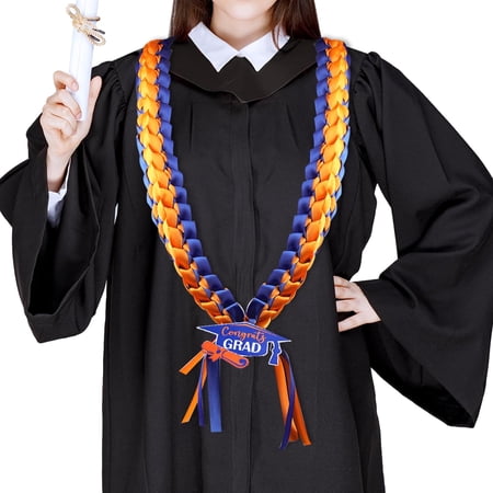 Graduation Leis 2024 Navy Blue and Orange, 2024 Graduation Party Handmade Graduation Leis Congrats Grad Ribbon Lei for High School College Graduation Gift Party