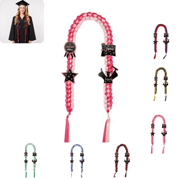 Graduation Leis 2026 and Honor Cord Set, Graduation Money Lei Class 2026 with 8 Glitter Patches DIY Handmade Braided Ribbon for Grad Party Decoration_1pc,Pink