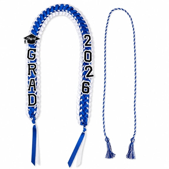 Graduation Leis Class of 2026 Grad Ribbon Lei with Honor Cord Graduation Gift Braided Necklace for Men and Women Party Accessories Design 3 Blue White