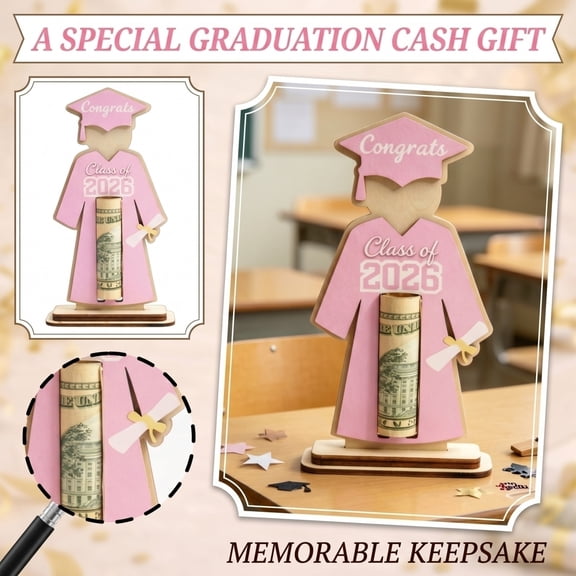 Graduation Money Holder for Girls, Class of 2026 Pink Cash Gift Holder, Wooden Congrats Grad Money Holder with Stand, Cute Graduation Gift for Daughter, Sister, Granddaughter, Teen Girl 5.8 Inch