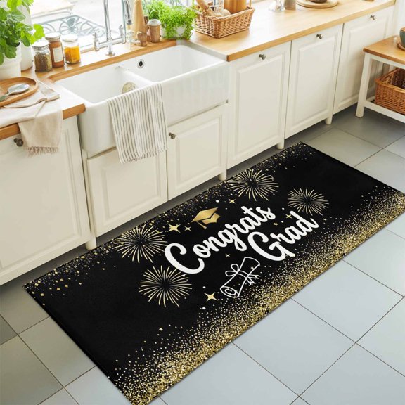 Graduation Mortarboard Fireworks Rectangle Area Rug 2x6ft,Living Room Rug Non-Slip Washable Circle Rugs Pad,Shining Stars Gold Black Soft Floor Carpet for Bedroom Dining Room