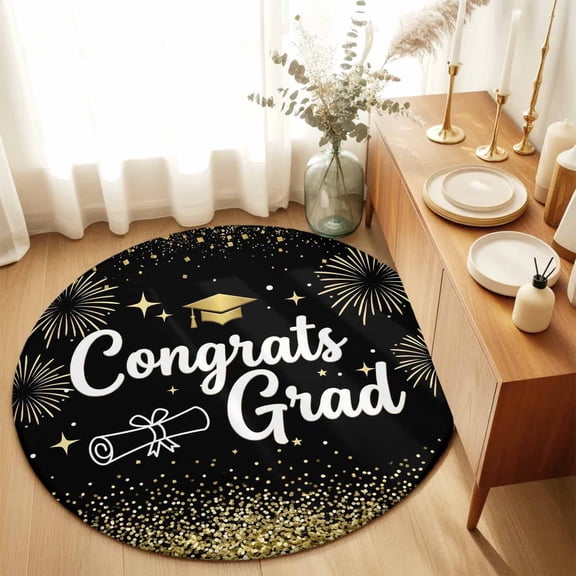 Graduation Mortarboard Fireworks Round Area Rug 3ft,Living Room Rug Non-Slip Washable Circle Rugs Pad,Shining Stars Gold Black Soft Floor Carpet for Bedroom Dining Room